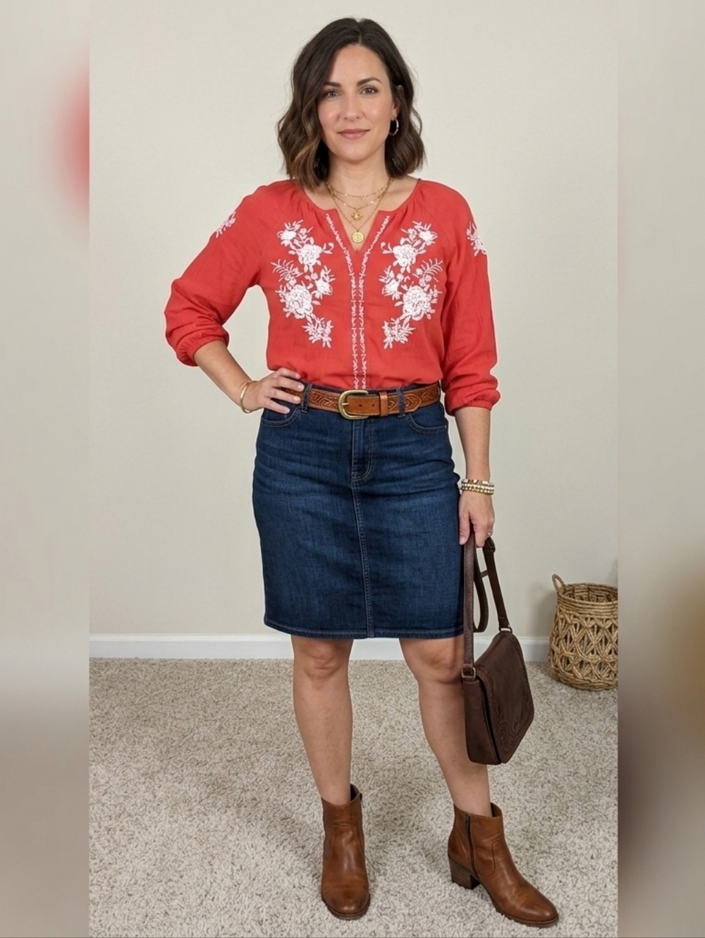 Talbots Blouse Size Medium Red Floral Embroidered Longsleeve